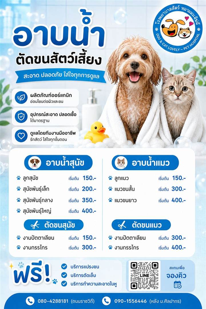 อาบน้ำตัดขนสุนัขและแมว ราคา นครปฐม โรงพยาบาลสัตว์หมาแมวเลิฟลี่